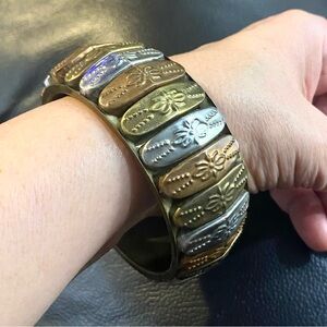 Vintage Tricolor Silver Brass Copper Protective Cuff Berber Bangle Bracelet